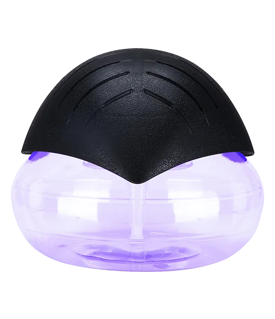 TwistaPure water air purifier with a black dome top and a clear water bowl lit in purple